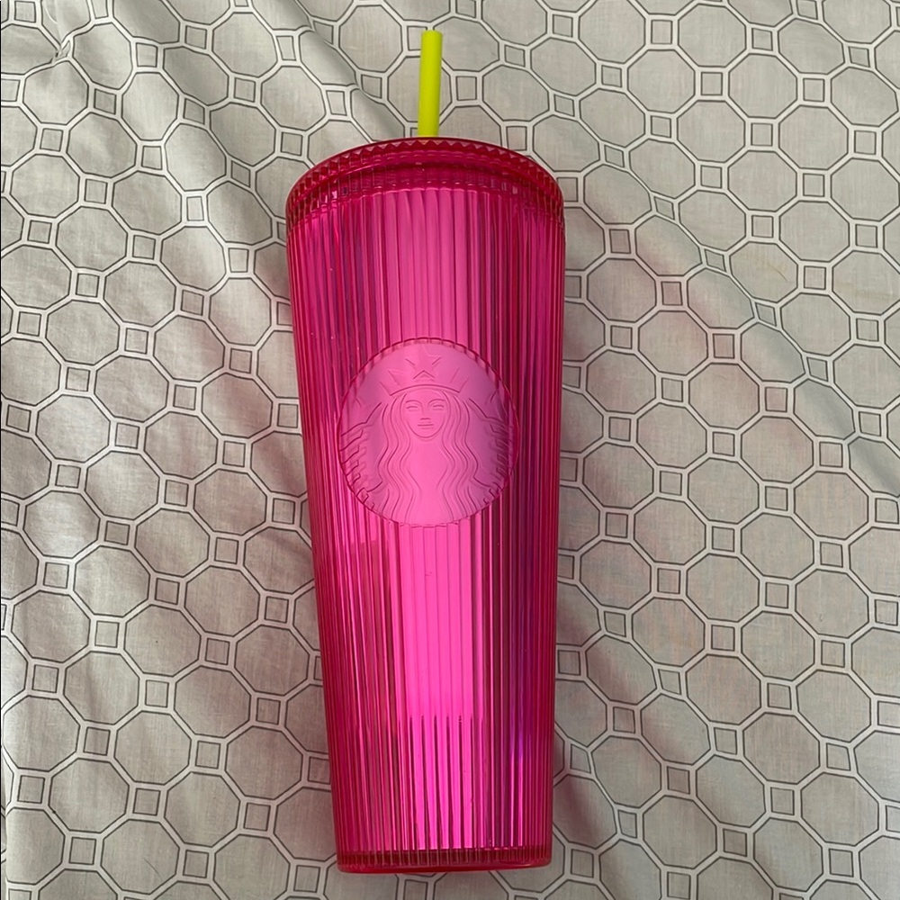 Starbucks Fuchsia Tumbler with Bright Yellow Straw